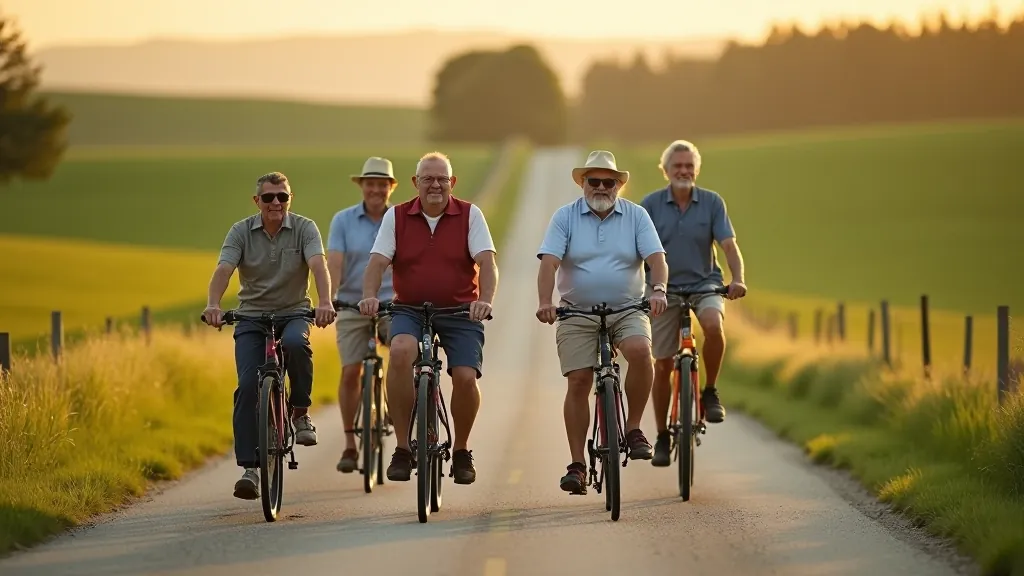 thedigitalcellars SIA komanda ar velosipēdiem uz Vidzemes lauku ceļa, seniori smaidošu seju ar saulespuķēm fonā