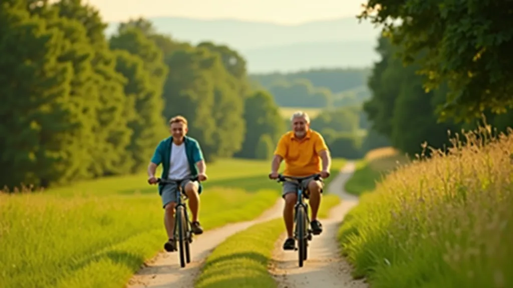Seniori velosipēdos Vidzemes lauku ceļu vidū, zili debeši un lauku ainava